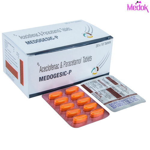 Product Name: Medogesic P, Compositions of Medogesic P are Aceclofenac 100 mg, Paracetamol 325 mg  (Blister) - Medok Life Sciences Pvt. Ltd