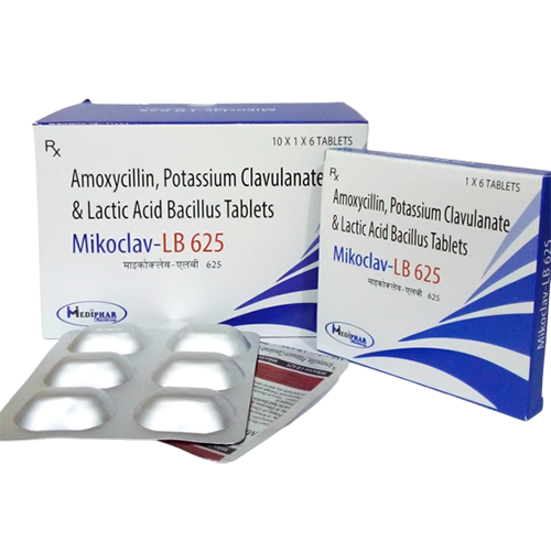 Product Name: Mikoclav LB 625, Compositions of Mikoclav LB 625 are Amoxycillin and Potassium Clavulanate and Lactic Bacillus Tablets - Mediphar Lifesciences Private Limited