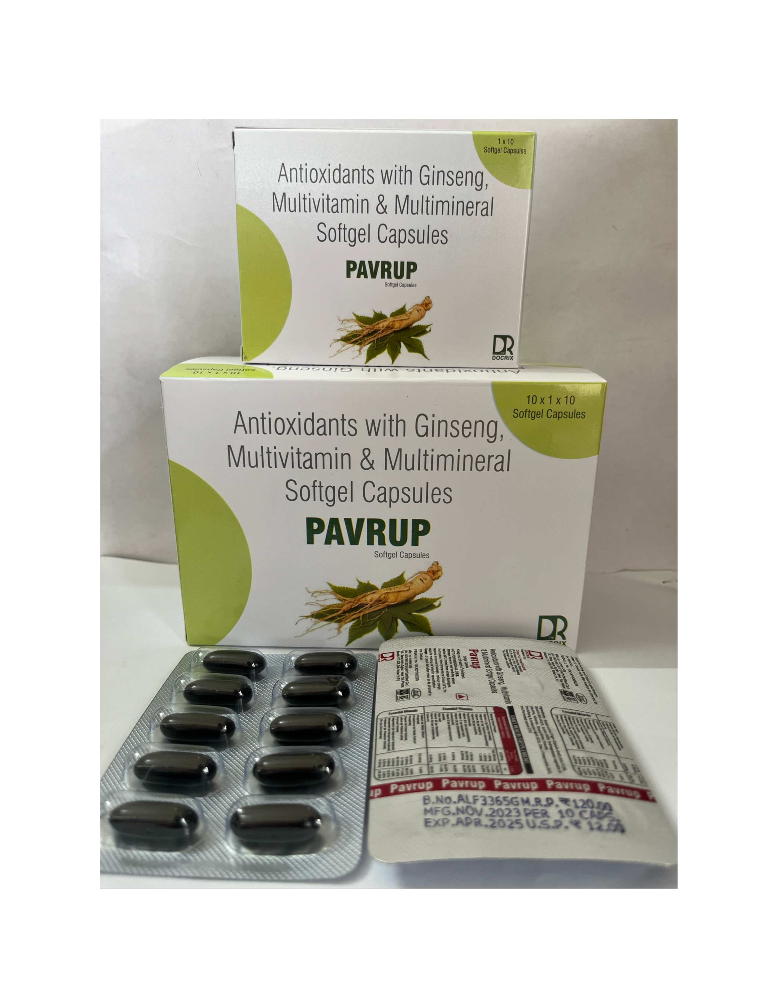 Product Name: Pavrup, Compositions of Pavrup are Antioxidants With Ginseng Multivitamin & Multimineral Softgel Capsules  - Docrix Healthcare