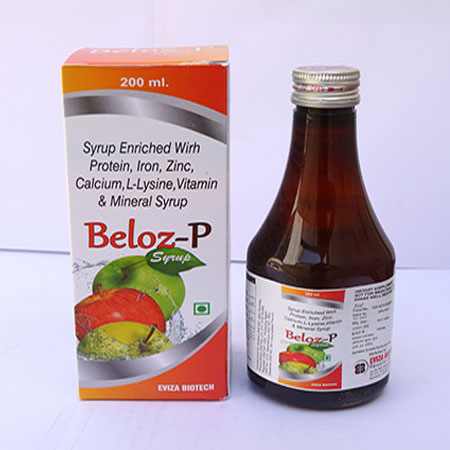 Product Name: Beloz P, Compositions of Beloz P are Syrup Enriched Wirh Protein Iron Zinc Calcium L-Lysine Vitamin & Mineral Syrup - Eviza Biotech Pvt. Ltd
