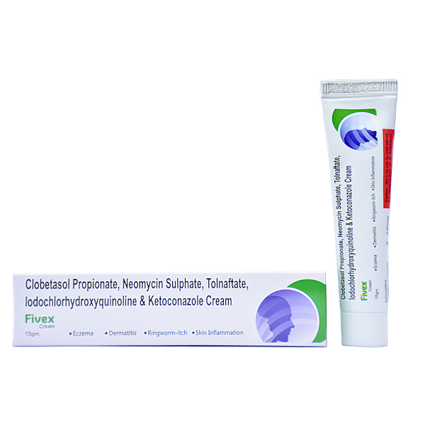 Product Name: FIVEX, Compositions of Clobestasol 0.5% + Neomycin 0.1% + Tolnoftate 1.0% + Iodochlorohydroxyquinoline + Ketoconazole  are Clobestasol 0.5% + Neomycin 0.1% + Tolnoftate 1.0% + Iodochlorohydroxyquinoline + Ketoconazole  - Fawn Incorporation