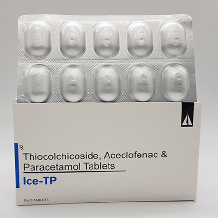Product Name: Ice TP, Compositions of Ice TP are Thiocolchicoside , Aceclofenac and Paracetamol Tablets. - Acinom Healthcare