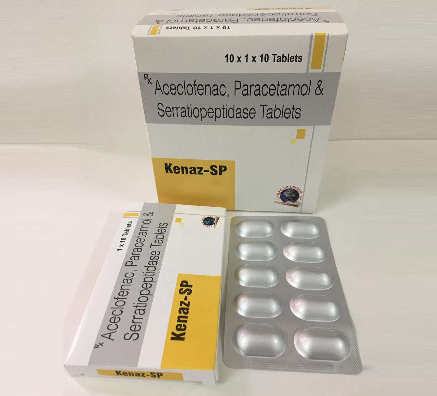 Product Name: Kenaz sp, Compositions of Kenaz sp are Aceclofenac, Paracetamol & Serratiopeptidase Tablets - Gemed Lifesciences Pvt. Ltd