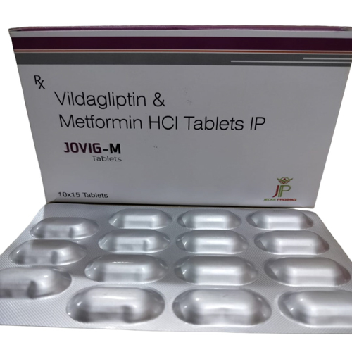 Product Name: Jovig M, Compositions of Jovig M are Vildagliptin & Metformin HCI Tablets IP - Jecks Pharma