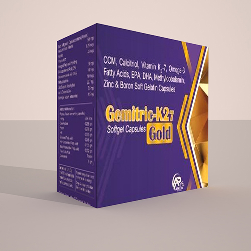 Product Name: Gemitric K2 7 Gold, Compositions of Gemitric K2 7 Gold are CCM, Calcitriol, Vitamin K2 7, Omega 3 Fatty Acids, EPA, DHA, Methylcobalamin, Zinc & Boron Soft Gelatin Capsules - Aseric Pharma