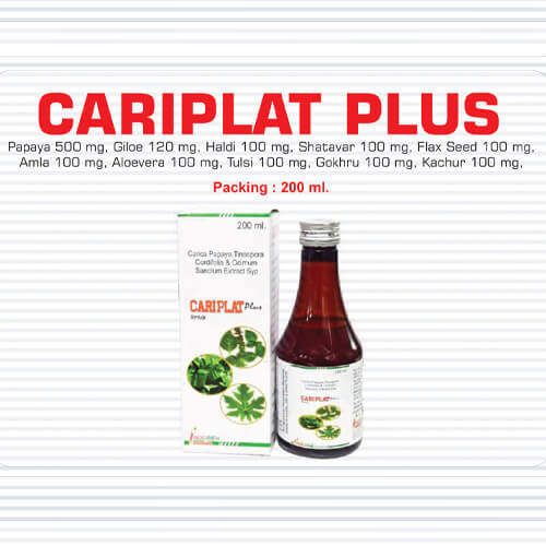 Product Name: Cariplat Plus, Compositions of Cariplat Plus are Papaya 500 mg,Giloe 120 mg,Haldi 100 mg,Shatavar 100mg,Flax Seed 100 mg Amla 100 mg,Aloevera 100 mg,Tulsi 100 mg.Gookhru 100 mg - Pharma Drugs and Chemicals