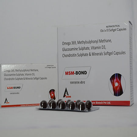 Product Name: MSM BOND SG, Compositions of MSM BOND SG are Omega 369, Methylsulphonyl Methane, Glucosamine Sulphate, Vitamin D3, Chondrotin Sulphate & Minerals Softgel Capsules - Alencure Biotech Pvt Ltd