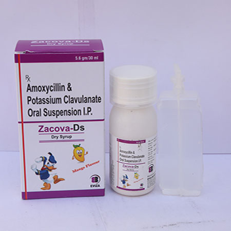 Product Name: Zacova DS, Compositions of Zacova DS are Amoxycillin & Potassium Clavulanate Oral Suspension IP - Eviza Biotech Pvt. Ltd