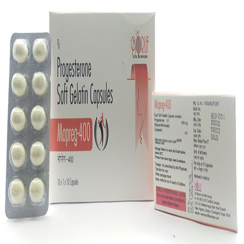 Product Name: Mopreg 400, Compositions of Mopreg 400 are Progesterone Soft Gelatin Capsules - Arlak Biotech