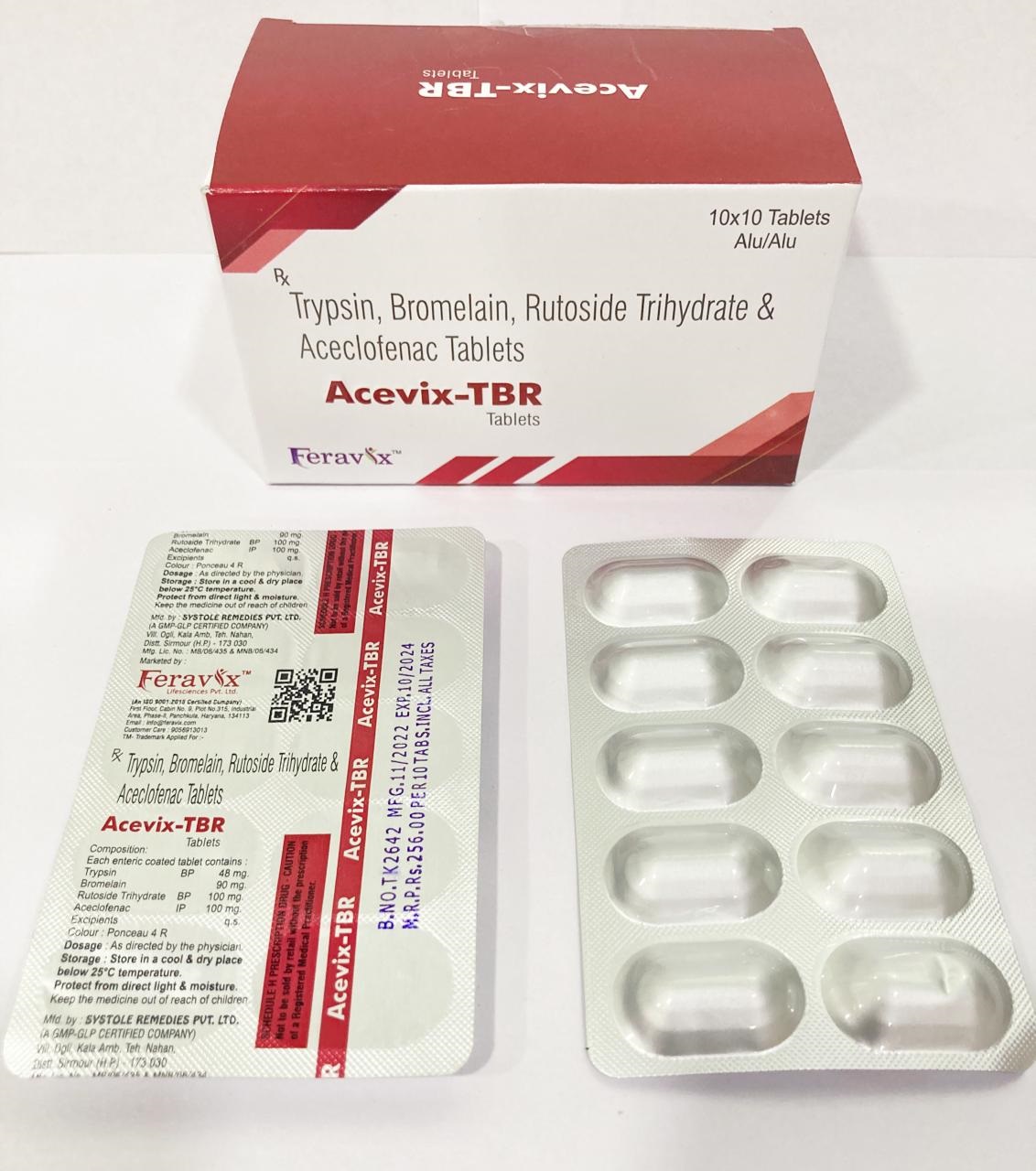 Product Name: ACEVIX TBR Tablets, Compositions of ACEVIX TBR Tablets are TRYPSIN 48 MG, BROMELIN 90 MG, RUTOSIDE TRIHYDRATE 100MG, ACECLOFENAC 100 MG - Feravix Lifesciences