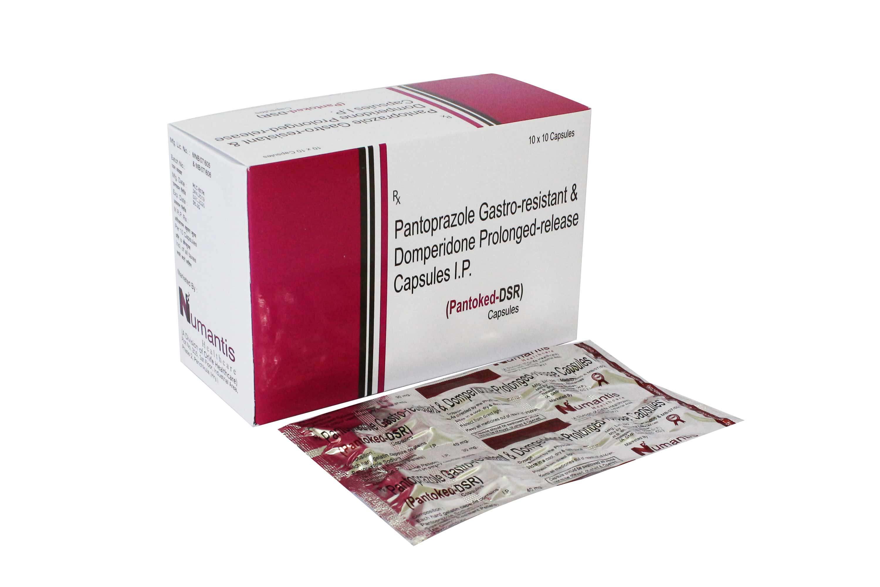 Product Name: Pantoked DSR, Compositions of Pantoked DSR are Pantoprazole Gasto-resistant & Domperione Prolonged-release Capsules I.P. - Numantis Healthcare