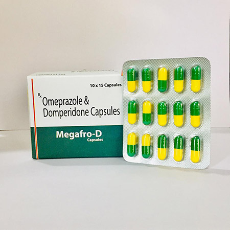 Product Name: Megafro D, Compositions of Megafro D are Omeprazole & Domperidone Capsules - Medilente Pharma Private Limited