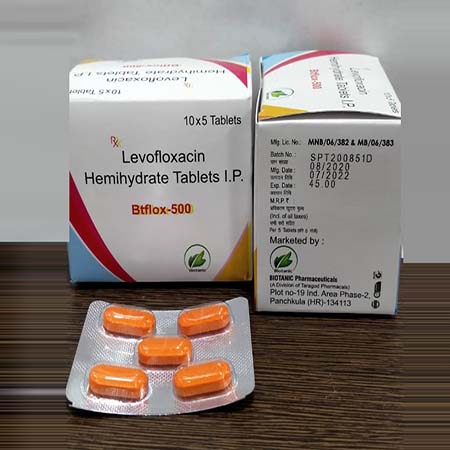 Product Name: Btflox 500, Compositions of Btflox 500 are Levofloxacin Hemihydrate Tablets I.P.  - Biotanic Pharmaceuticals