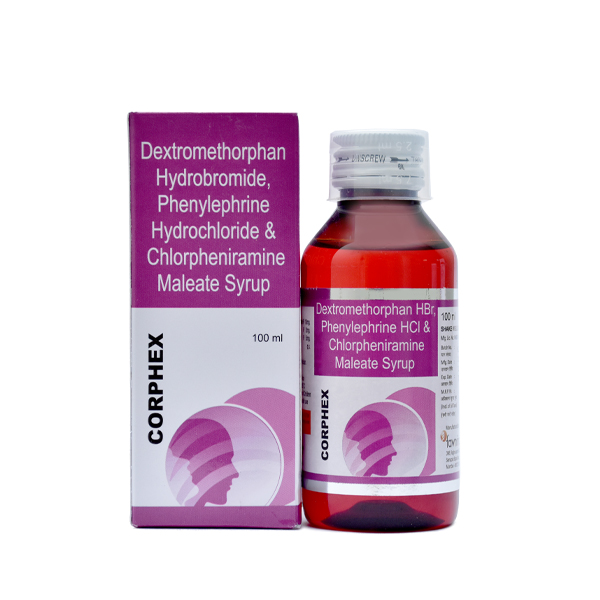 Product Name: CORPHEX, Compositions of CORPHEX are Dextromethorphen Hydrobromide 10 mg + Chlorphenrimine maleate 2 mg + Phenylephrine Hydrochloride 5 mg. - Fawn Incorporation