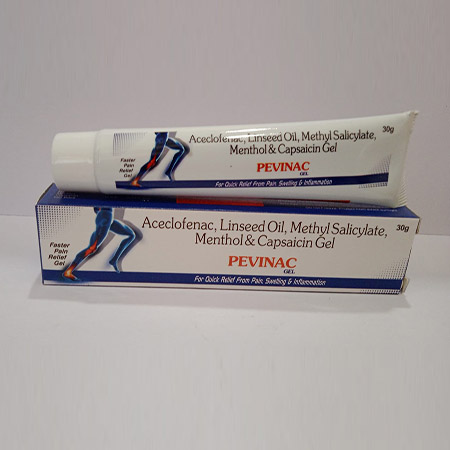 Product Name: Pevinac, Compositions of Pevinac are Aceclofanac, Linseed Oil, Methyl, Salicylate, Menthol & Capsaicin Gel - Adegen Pharma Private Limited