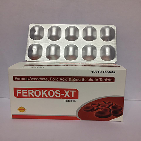 Product Name: FEROKOS XT, Compositions of FEROKOS XT are Ferrous Ascrobate, Folic Acid & Zinc Sulphate Tablets - Apikos Pharma