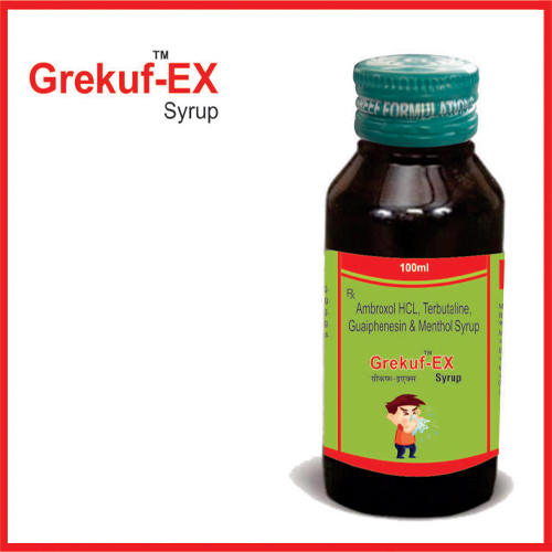 Product Name: Grekuf EX, Compositions of Grekuf EX are Ambroxal Hcl,Terbutaline,Guaiphenesin & Menthol Syrup - Greef Formulations