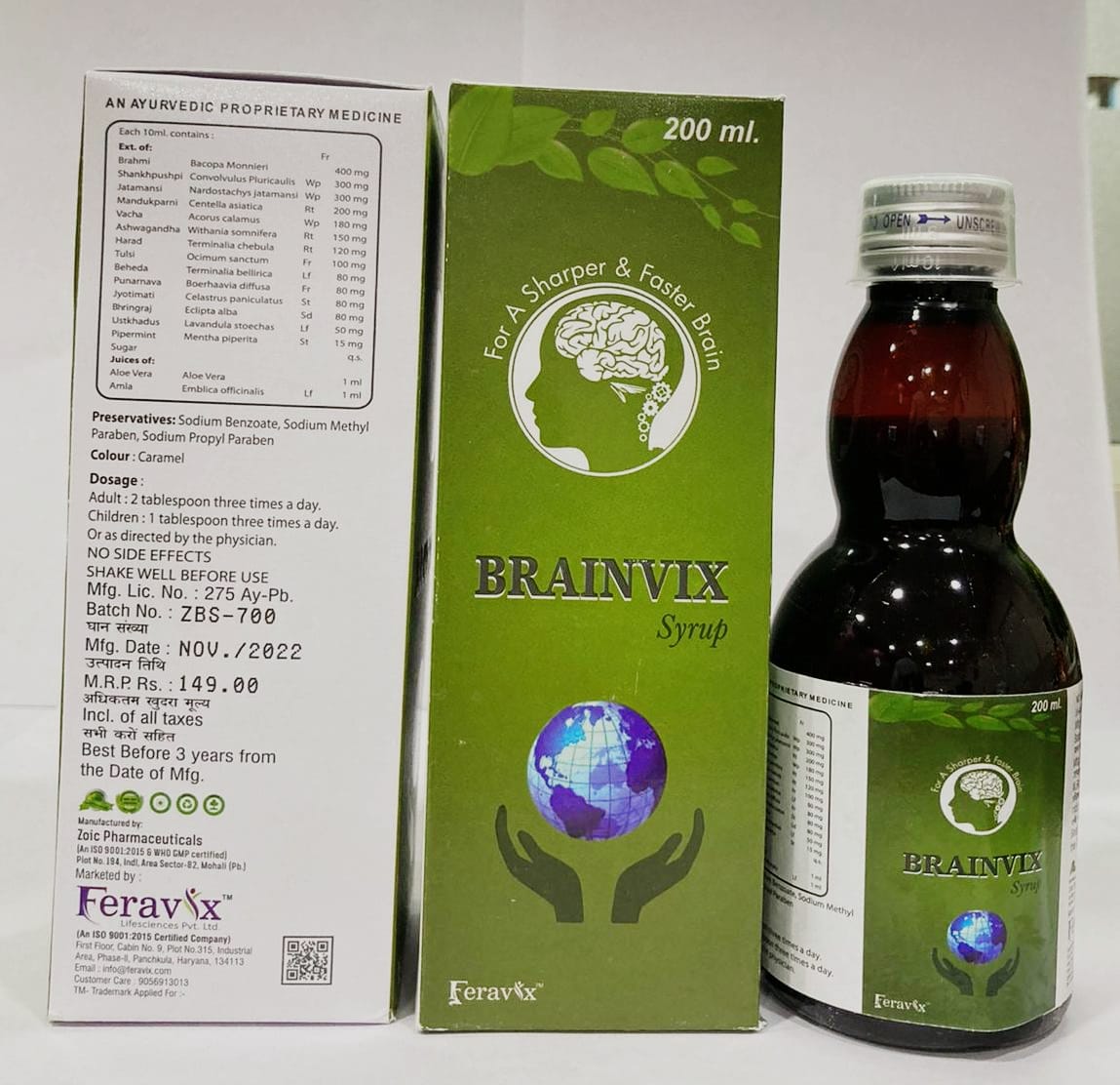 Product Name: BRAINVIX Syrup, Compositions of BRAINVIX Syrup are BRAIN TOINIC SYP (AS PER BRAIN ZOC DS) - Feravix Lifesciences