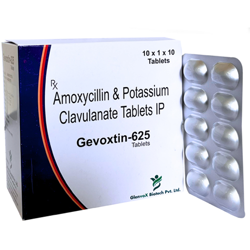 Product Name: Gevoxtin 625, Compositions of Gevoxtin 625 are Amoxycillin & Potassium Clavulanate Tablets IP - Glenvox Biotech Private Limited