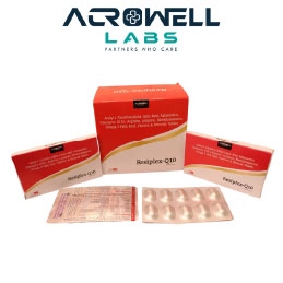 Product Name: Resiplex Q10, Compositions of Resiplex Q10 are Acetyl-L-Carnitine, Alpha LIipoic Acid, Astaxanthin, Coenzyme Q-10, L-Arginine, Lycopene, Methylcobalamin Folic Acid, ViatminS and Minerals Tablets - Acrowell Labs Private Limited
