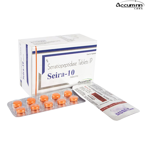 Product Name: Seira 10, Compositions of Seira 10 are Serratiopeptidase Tablets IP - Accuminn Labs