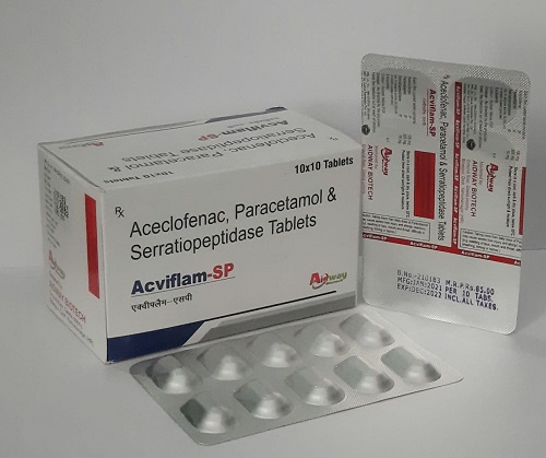 Product Name: Acviflam SP, Compositions of Acviflam SP are Aceclefenac,Parecetamol & Serratipeptidase Tablets - Aidway Biotech