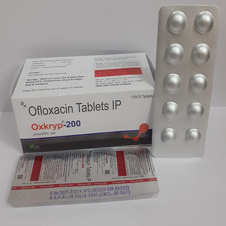 Product Name: OXKRYP 200, Compositions of OXKRYP 200 are Ofloxacin Tablets I.P - Kryptomed Formulations Pvt Ltd