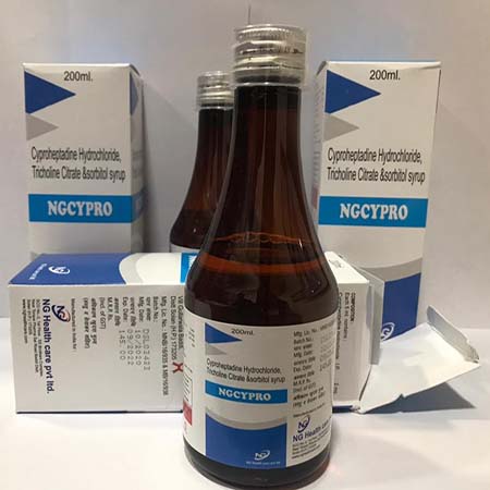 Product Name: Ngcypro, Compositions of Ngcypro are Cyproheptadine Hydrochloride Tricholine Citrate & Sorbitol Syrup - NG Healthcare Pvt Ltd
