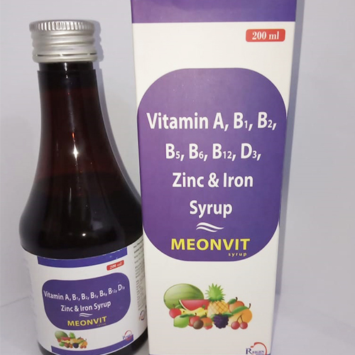 Product Name: Meonvit, Compositions of Meonvit are Vitamin A,B1,B2,B5,B6,B12,B3, Zinc & Iron Syrup - JV Healthcare