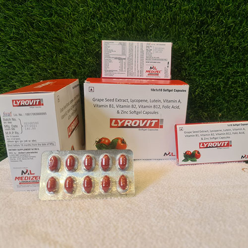 Product Name: Lyrovit, Compositions of Lyrovit are Grape Seed Extract,Lycopene,Lutein,Vitamin A,VitaminB1,VitaminB2,VitaminB12,Folic Acid & Zinc Softgel Capsules - Medizec Laboratories