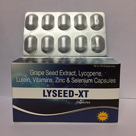 Product Name: LYSEED XT, Compositions of LYSEED XT are Grape Seed Extract, Lycopene, Lutein, Vitamins, Zinc & Selenium Capsules - Apikos Pharma