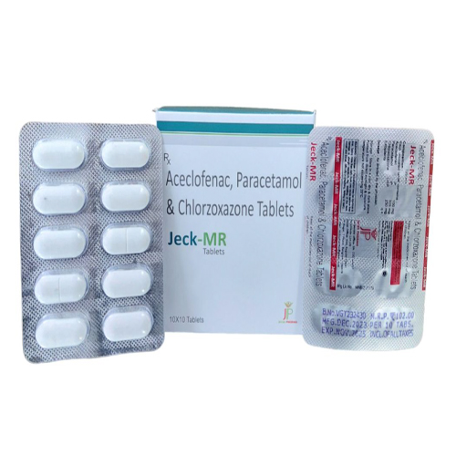 Product Name: Jeck MR, Compositions of Jeck MR are Aceclofenac, Paracetamol & Chloroxazone Tablets - Jecks Pharma