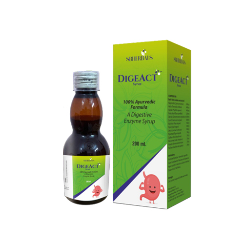 Product Name: Digeact, Compositions of Digeact are 100% Ayrvedic digestive enzymes syrup - Sbherbals