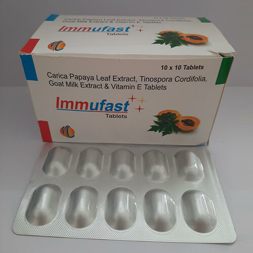 Product Name: Immufast, Compositions of Immufast are Carica Papaya Leaf Extract,Tinospora Cordifolia,Goat Milk Extract & Vitamin E Tablets - Macro Labs Pvt Ltd