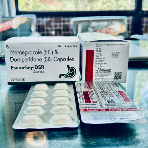 Product Name: ESOMEKEY DSR , Compositions of ESOMEKEY DSR  are Esomeprazole EC & Domperidone (SR) capsules  - Medicure LifeSciences