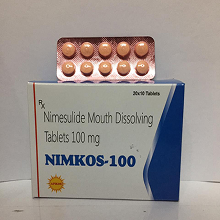 Product Name: NIMKOS 100, Compositions of NIMKOS 100 are Nimesulide Mouth Disolving Tablets 100mg - Apikos Pharma