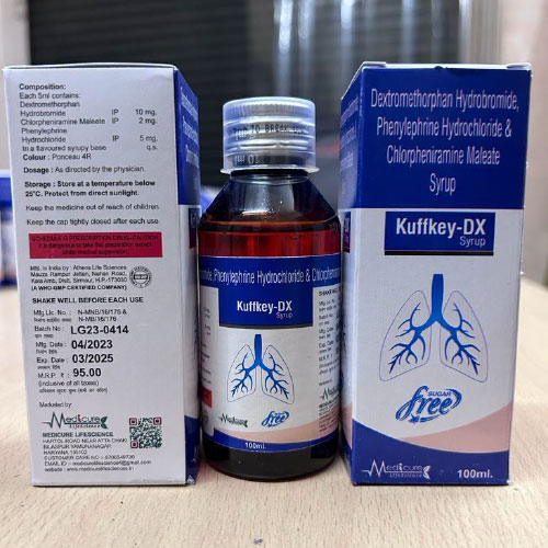 Product Name: KUFFKEY DX, Compositions of KUFFKEY DX are Dextromethorphan Hydrobomide Phenylephnine Hydrochionide & chiorpheniramine Maleate Syrup - Medicure LifeSciences