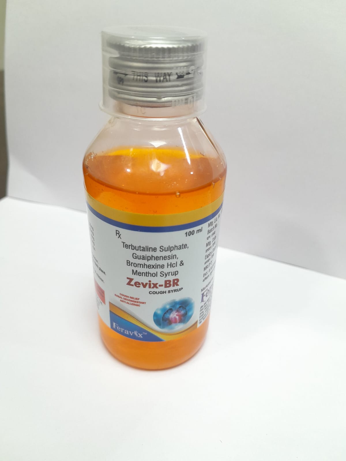 Product Name: ZEVIX BR Syrup, Compositions of ZEVIX BR Syrup are TERBUTALINE SULPHATE 1.25 MG, BROMHEXINE HCL 2 MG, GUAIPHENESIN 50MG - Feravix Lifesciences