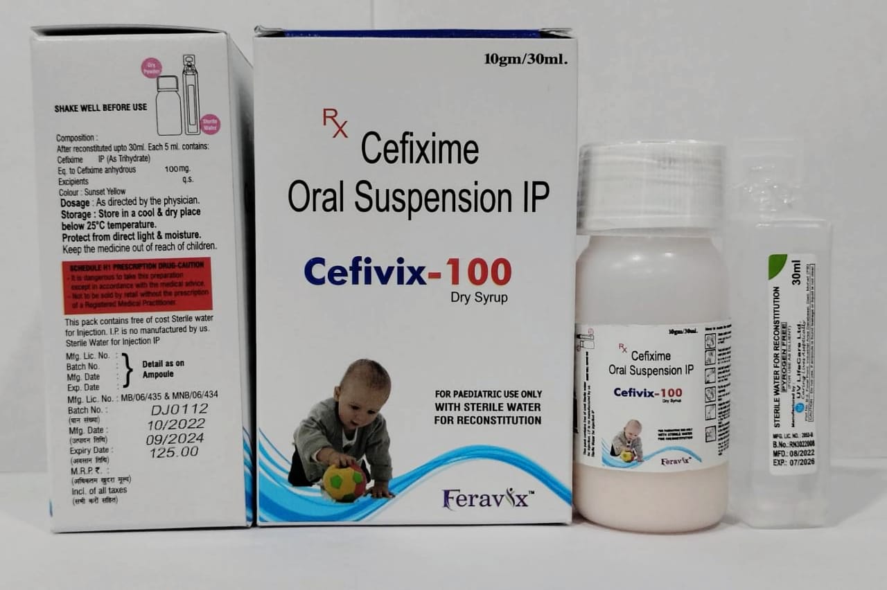 Product Name: CEFIVIX 100 Dry Syrup, Compositions of CEFIVIX 100 Dry Syrup are CEFIXIME 100MG - Feravix Lifesciences