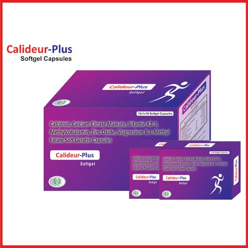 Product Name: Calideur Plus, Compositions of Calideur Plus are Calcitrol,Calcium Citrate Malate,Vitamin k27 ,Methylcobalamin,Zinc-Oxide,Magnesium & L-Methyl Folate Soft Gelatin Capsules - Greef Formulations