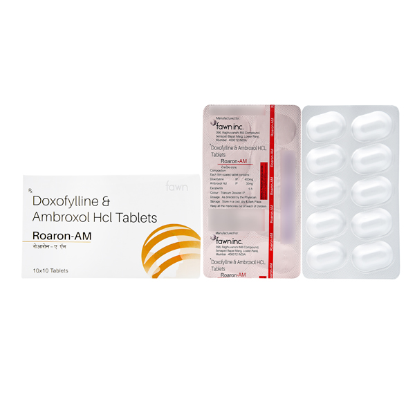 Product Name: ROARON AM, Compositions of ROARON AM are Doxyfylline & Ambroxol Hcl Tablets - Fawn Incorporation