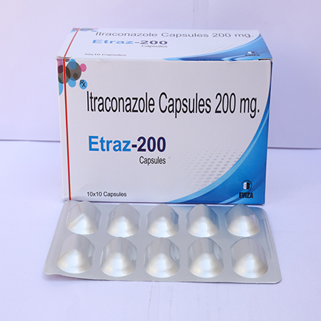 Product Name: Etraz 200, Compositions of Etraz 200 are Itraconazole Capsules 200mg - Eviza Biotech Pvt. Ltd