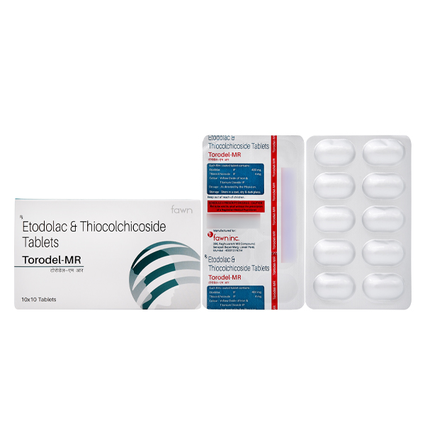 Product Name: TORODEL MR, Compositions of TORODEL MR are Etodolac 400 mg. + Thiocolchicoside 4 mg. - Fawn Incorporation