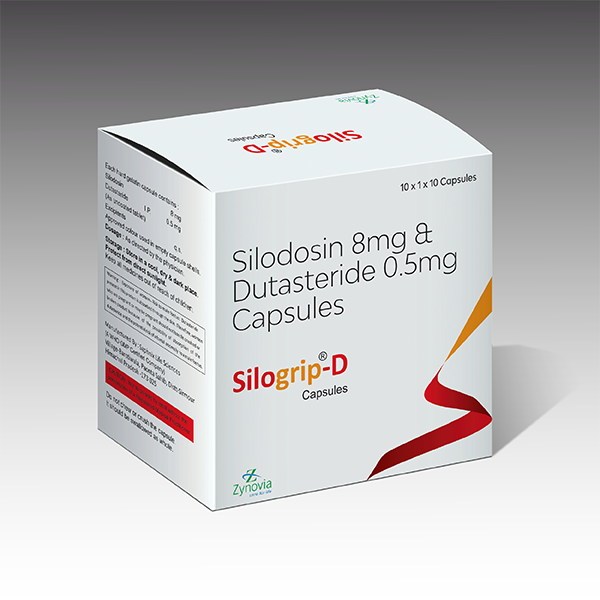 Product Name: Silogrip D, Compositions of Silogrip D are Silodosin 8mg Dutastwride 0.5 Capsules - Zynovia Lifecare