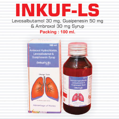 Product Name: Inkuf LS, Compositions of Inkuf LS are Ambroxal Hydrochloride,Levosulbutamol Sulphate & Guaiphenesin Syrup - Pharma Drugs and Chemicals