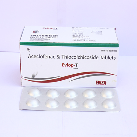 Product Name: Evlop T, Compositions of Evlop T are Aceclofenac & Thiocolchicoside Tablets - Eviza Biotech Pvt. Ltd