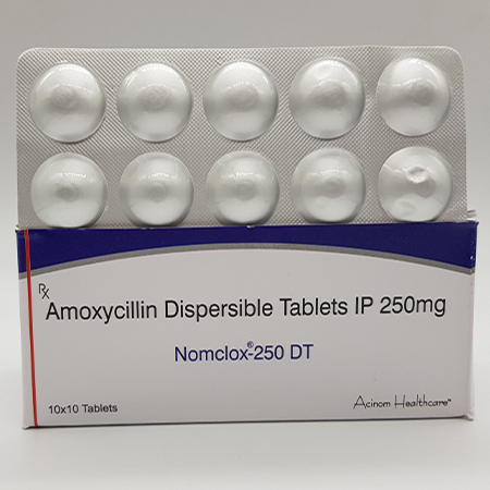 Product Name: Nomclox 250 DT, Compositions of Nomclox 250 DT are Amoxycillin Dispersible Tablets IP 250mg - Acinom Healthcare
