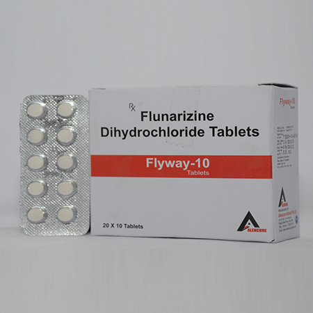 Product Name: FLYWAY 10, Compositions of FLYWAY 10 are Flunarizine Dihydrochloride Tablets - Alencure Biotech Pvt Ltd