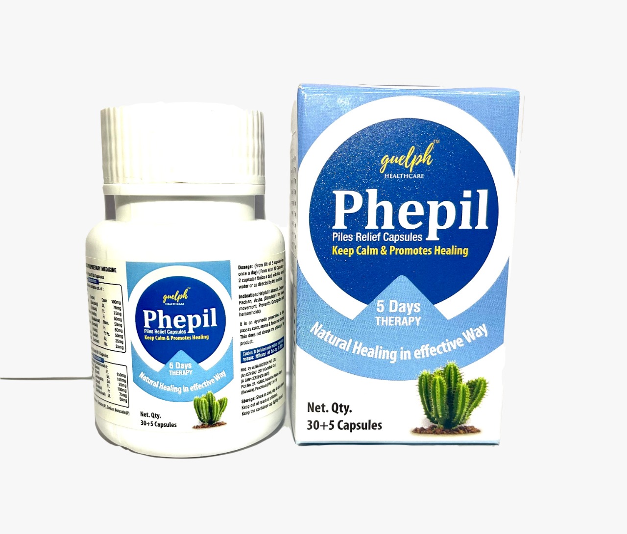 Product Name: PHEPIL  Kit Capsules 30 + 5 Pack for Piles Relief, Compositions of PHEPIL  Kit Capsules 30 + 5 Pack for Piles Relief are Suran, Daruhaldi, Triphala, Reetha, Nagkeshar, Nimboli, Trikatu, Kachur, Kachnar (Pack of 30) Senna, Erand, Jamalgota, Harad, Draksha, Ghritkumari (Pack of 5) - Guelph Healthcare Pvt. Ltd