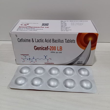 Product Name: Genicef 200 LB, Compositions of Genicef 200 LB are Cefixime & Lactic Acid Bacillus Disperable Tablets - Soinsvie Pharmacia Pvt. Ltd